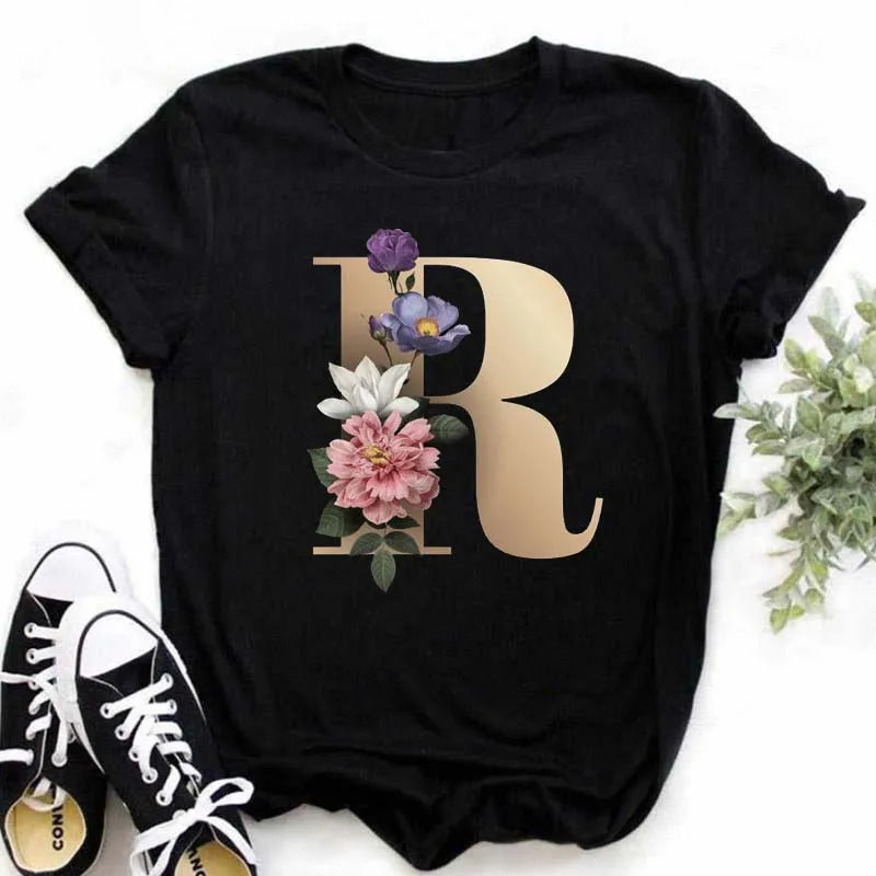 A B C D E English Alphabet Print T Shirt Women New Summer Couples Lovers Female T-Shirt Harajuku Casual Black Tops Tshirts