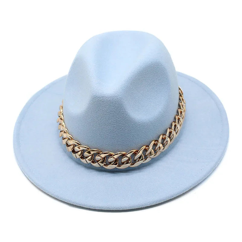 Jazz hat autumn and winter British style big chain women's fedora hat men's retro top hat woolen gentleman hat big brim hat