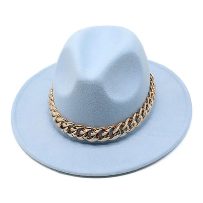 Jazz hat autumn and winter British style big chain women's fedora hat men's retro top hat woolen gentleman hat big brim hat
