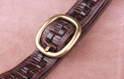 Vintage Luxury Handmade Leather Weave Copper Buckle Men's Belt Cowhide Retro All-match Casual Jeans Soft Belt