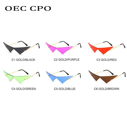 OEC CPO Oversized Cat eye Rimless Sunglasses Women Fashion One Piece Lens Sun Glasses Female Trend Triangle Eyewear Men UV400