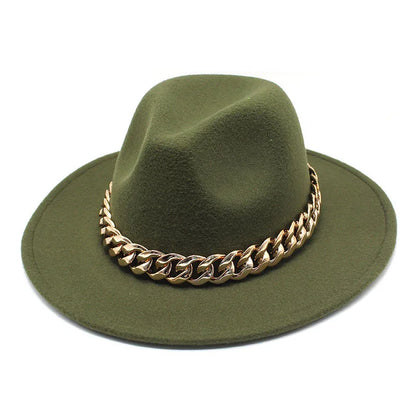 Jazz hat autumn and winter British style big chain women's fedora hat men's retro top hat woolen gentleman hat big brim hat