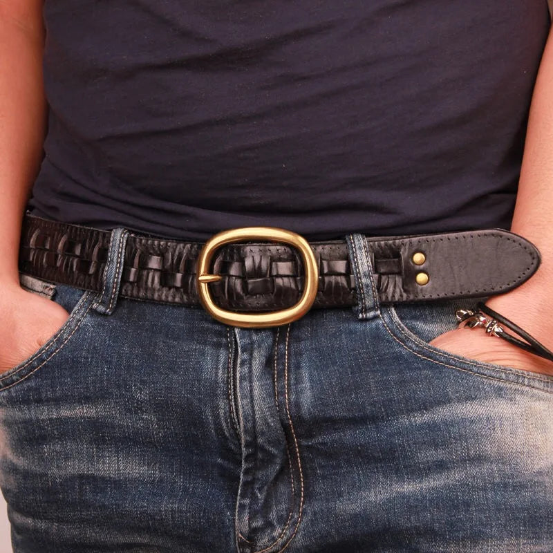 Vintage Luxury Handmade Leather Weave Copper Buckle Men's Belt Cowhide Retro All-match Casual Jeans Soft Belt