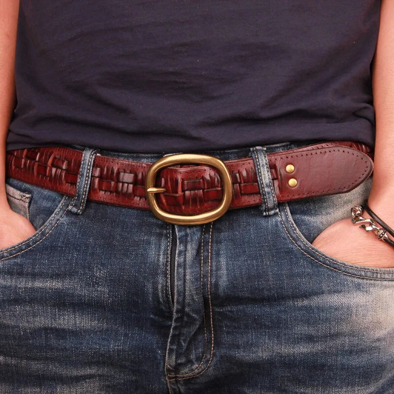 Vintage Luxury Handmade Leather Weave Copper Buckle Men's Belt Cowhide Retro All-match Casual Jeans Soft Belt