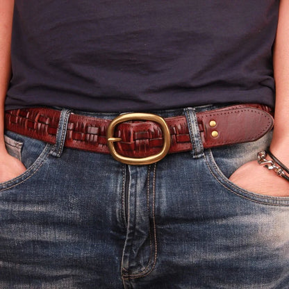 Vintage Luxury Handmade Leather Weave Copper Buckle Men's Belt Cowhide Retro All-match Casual Jeans Soft Belt