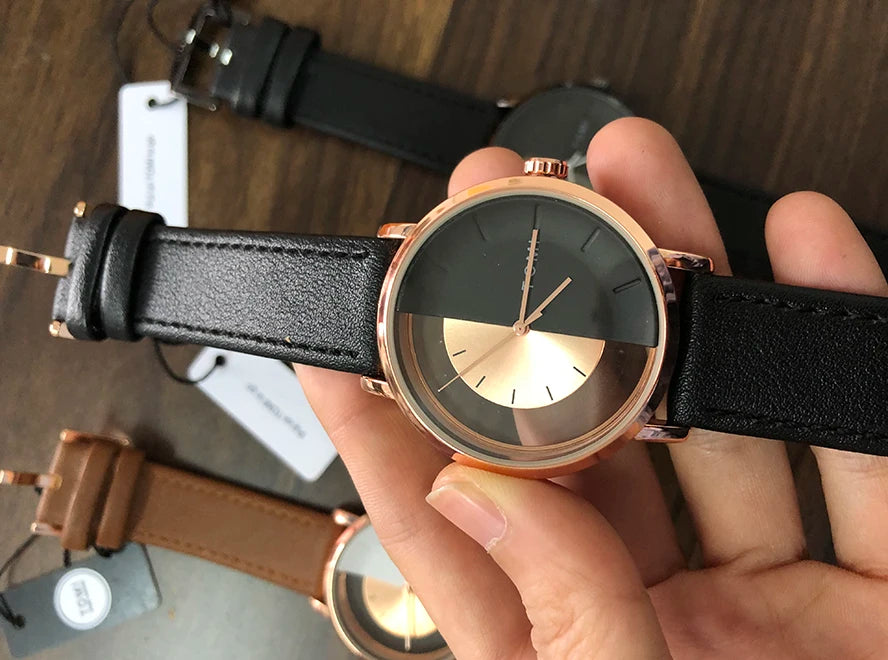 Unique Creative Half Transparent Unisex Watch clock For Men Women Couple Geek Stylish Leather Wrist watches Fashion Quartz watch