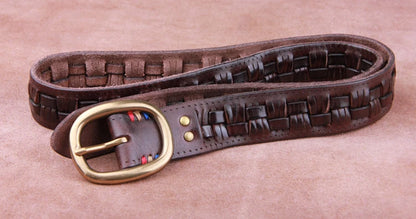 Vintage Luxury Handmade Leather Weave Copper Buckle Men's Belt Cowhide Retro All-match Casual Jeans Soft Belt