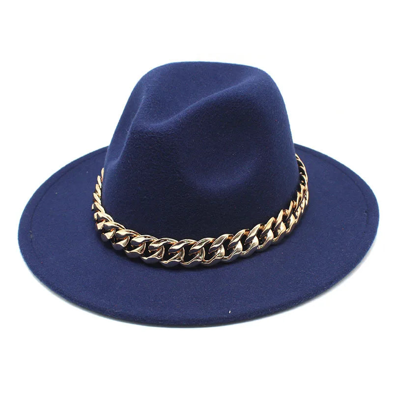 Jazz hat autumn and winter British style big chain women's fedora hat men's retro top hat woolen gentleman hat big brim hat