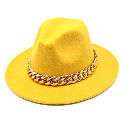 Jazz hat autumn and winter British style big chain women's fedora hat men's retro top hat woolen gentleman hat big brim hat