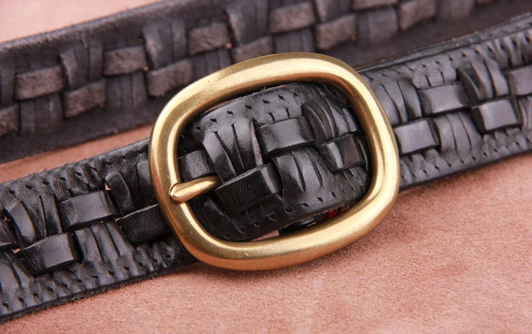 Vintage Luxury Handmade Leather Weave Copper Buckle Men's Belt Cowhide Retro All-match Casual Jeans Soft Belt