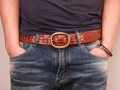 Vintage Luxury Handmade Leather Weave Copper Buckle Men's Belt Cowhide Retro All-match Casual Jeans Soft Belt