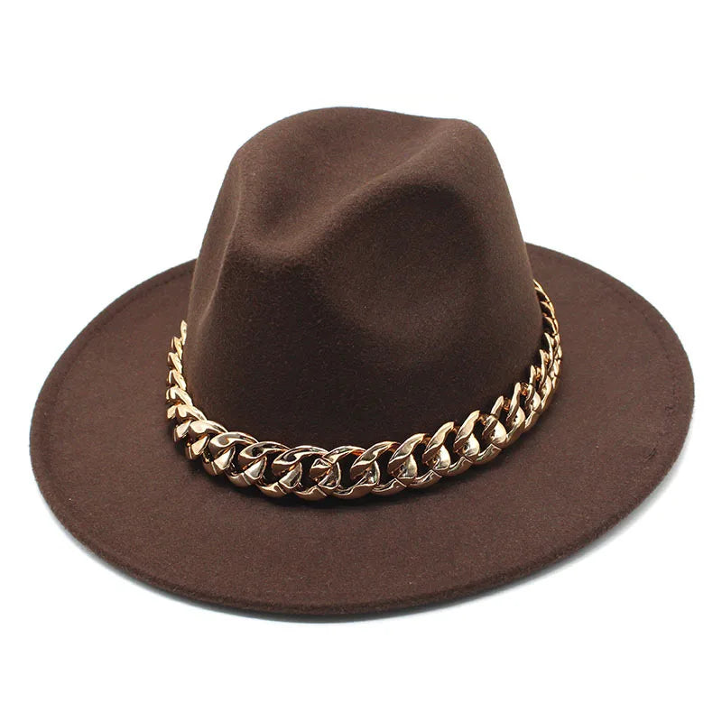 Jazz hat autumn and winter British style big chain women's fedora hat men's retro top hat woolen gentleman hat big brim hat