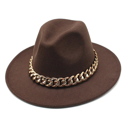 Jazz hat autumn and winter British style big chain women's fedora hat men's retro top hat woolen gentleman hat big brim hat