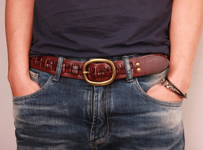 Vintage Luxury Handmade Leather Weave Copper Buckle Men's Belt Cowhide Retro All-match Casual Jeans Soft Belt