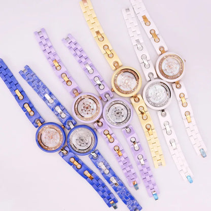 SALE!!! Discount Melissa Ceramic Crystal Rotating Rose Camellia Flower Women's Watch Fashion Luxury Girl Birthday Gift
