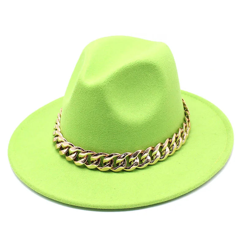 Jazz hat autumn and winter British style big chain women's fedora hat men's retro top hat woolen gentleman hat big brim hat