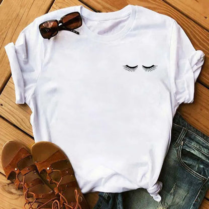 Maycaur Fashion Graphic Women Tops Eyelashes Print Kawaii Lashes Women T Shirt Tee Funny Makeup Aesthetic Shirt Camisas Mujer