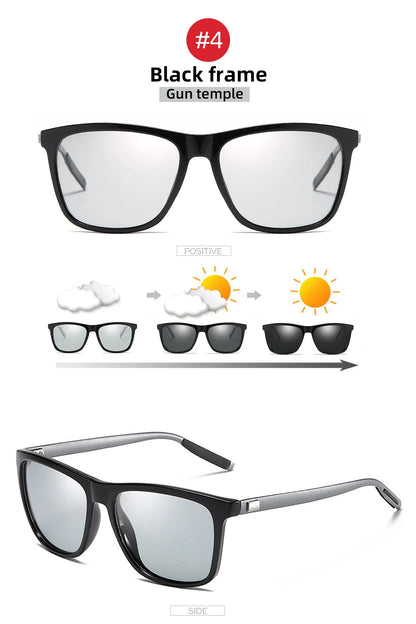 Color Change Grey Frame Photochromic Polarized Sunglasses Men Square Classic Chameleon Glaases Transition Lens Eyewear