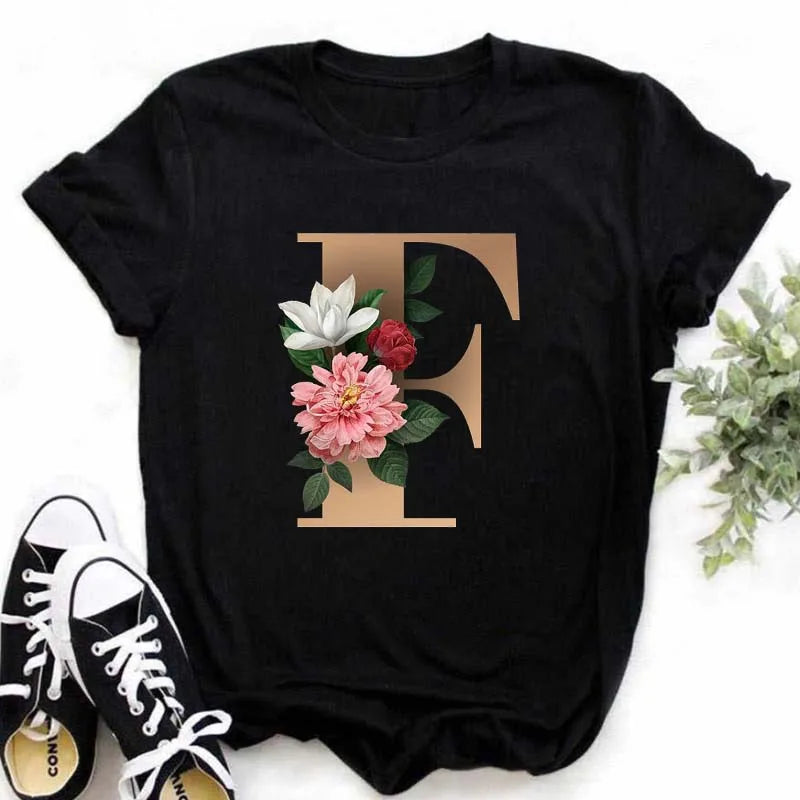 A B C D E English Alphabet Print T Shirt Women New Summer Couples Lovers Female T-Shirt Harajuku Casual Black Tops Tshirts