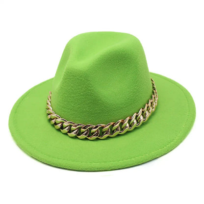 Jazz hat autumn and winter British style big chain women's fedora hat men's retro top hat woolen gentleman hat big brim hat