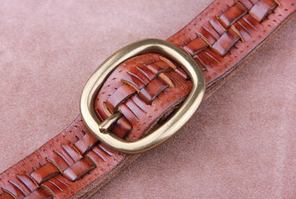 Vintage Luxury Handmade Leather Weave Copper Buckle Men's Belt Cowhide Retro All-match Casual Jeans Soft Belt