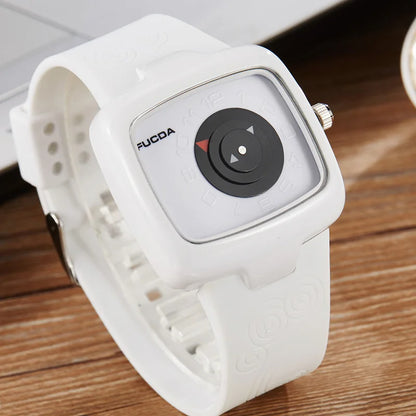 Turntable Men Watch Korean Black and White Square Quartz Mens Wristwatch Male Creative Rubber Strap Watches Relogio Masculino