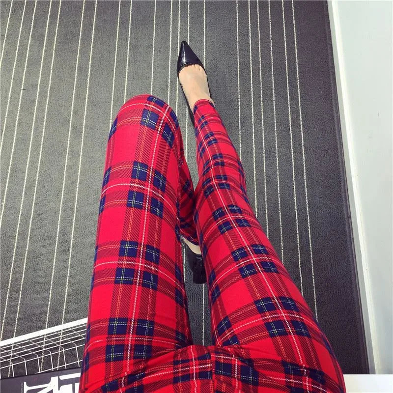 CUHAKCI Fashion Plaid Printing Leggings Women Sexy Fitness Leggins Grid Floral Stripe Trousers High Waist Pencil Pants