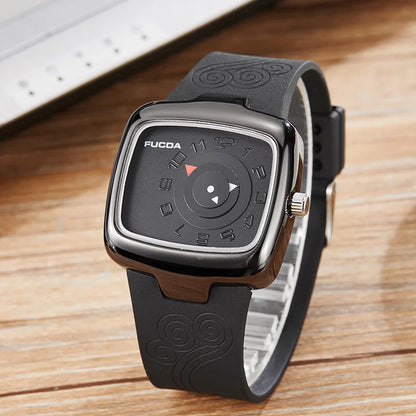 Turntable Men Watch Korean Black and White Square Quartz Mens Wristwatch Male Creative Rubber Strap Watches Relogio Masculino