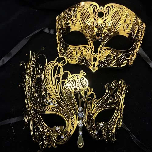Black Silver Gold Metal Filigree Laser Cut Couple Venetian Party Mask Wedding  Ball Mask Halloween Masquerade Costume Masker Set