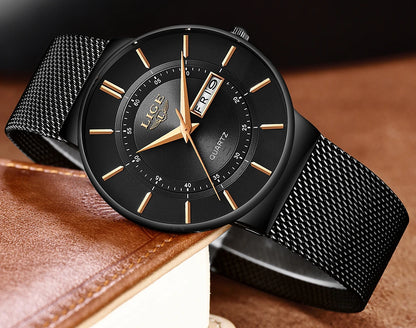 LIGE Mens Watches Top Brand Luxury Waterproof Ultra Thin Date Clock Male Steel Strap Casual Quartz Watch Men Sports Wrist Watch