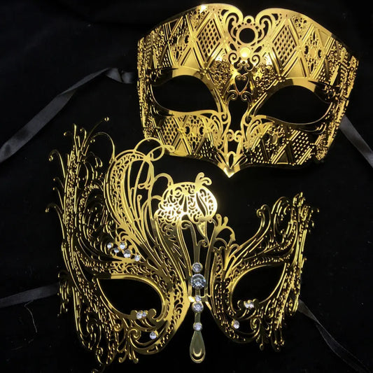 Black Silver Gold Metal Filigree Laser Cut Couple Venetian Party Mask Wedding  Ball Mask Halloween Masquerade Costume Masker Set