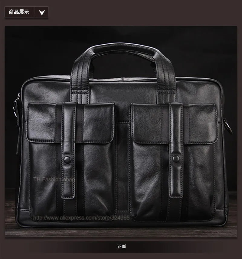 Luxury Men Genuine Leather Briefcase Business bag Leather Laptop Bag 15.6"inch Office Bag Briefcase male portfolio men Black