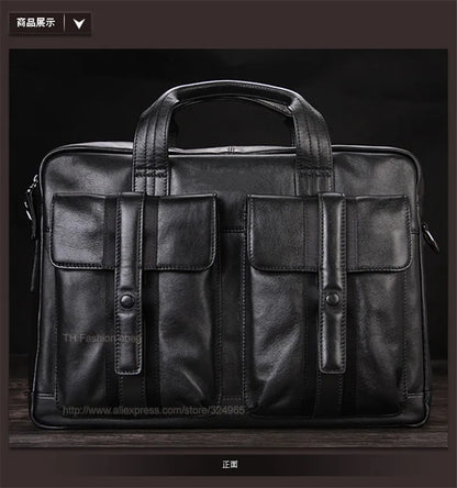 Luxury Men Genuine Leather Briefcase Business bag Leather Laptop Bag 15.6"inch Office Bag Briefcase male portfolio men Black