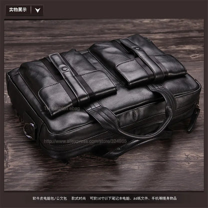 Luxury Men Genuine Leather Briefcase Business bag Leather Laptop Bag 15.6"inch Office Bag Briefcase male portfolio men Black