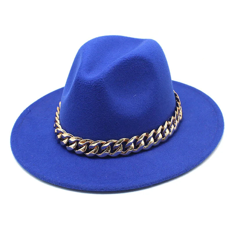 Jazz hat autumn and winter British style big chain women's fedora hat men's retro top hat woolen gentleman hat big brim hat