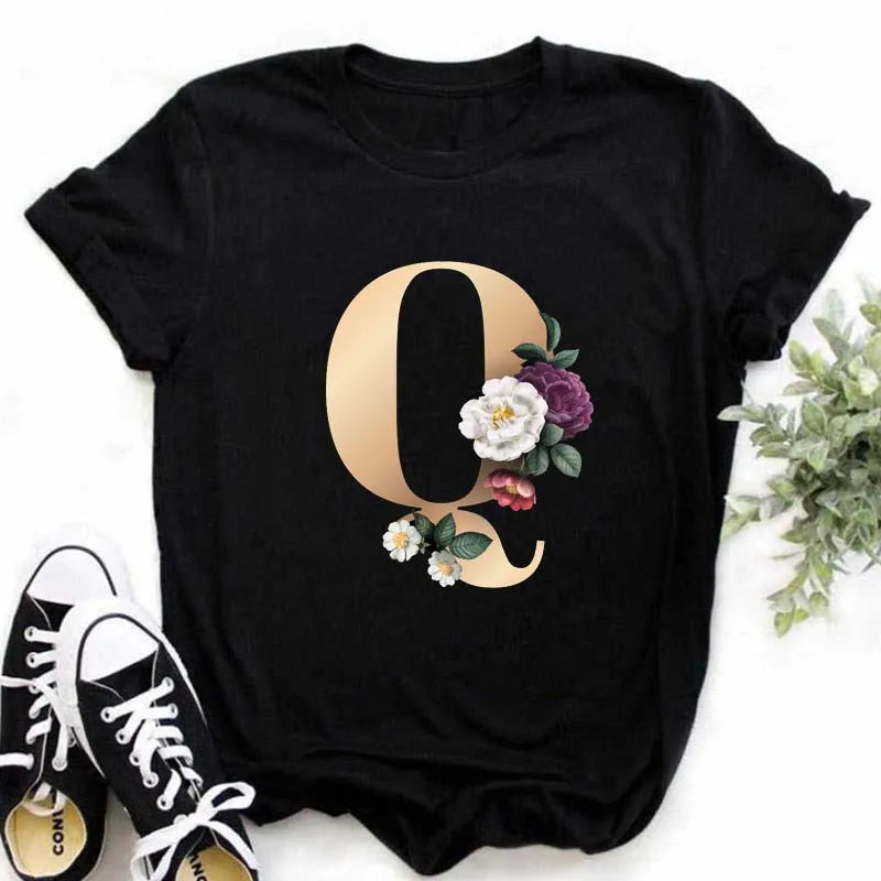 A B C D E English Alphabet Print T Shirt Women New Summer Couples Lovers Female T-Shirt Harajuku Casual Black Tops Tshirts