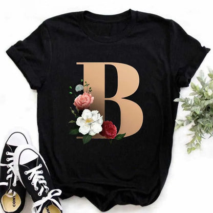 A B C D E English Alphabet Print T Shirt Women New Summer Couples Lovers Female T-Shirt Harajuku Casual Black Tops Tshirts