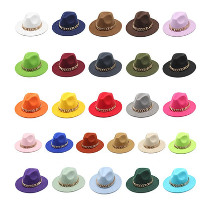 Jazz hat autumn and winter British style big chain women's fedora hat men's retro top hat woolen gentleman hat big brim hat