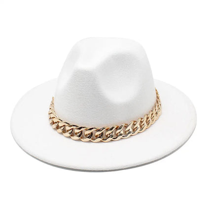 Jazz hat autumn and winter British style big chain women's fedora hat men's retro top hat woolen gentleman hat big brim hat