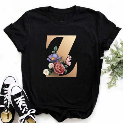 A B C D E English Alphabet Print T Shirt Women New Summer Couples Lovers Female T-Shirt Harajuku Casual Black Tops Tshirts