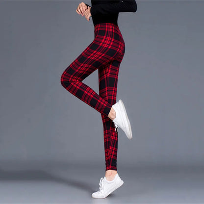 CUHAKCI Fashion Plaid Printing Leggings Women Sexy Fitness Leggins Grid Floral Stripe Trousers High Waist Pencil Pants