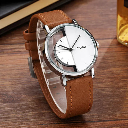 Unique Creative Half Transparent Unisex Watch clock For Men Women Couple Geek Stylish Leather Wrist watches Fashion Quartz watch