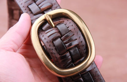 Vintage Luxury Handmade Leather Weave Copper Buckle Men's Belt Cowhide Retro All-match Casual Jeans Soft Belt