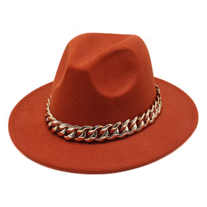 Jazz hat autumn and winter British style big chain women's fedora hat men's retro top hat woolen gentleman hat big brim hat