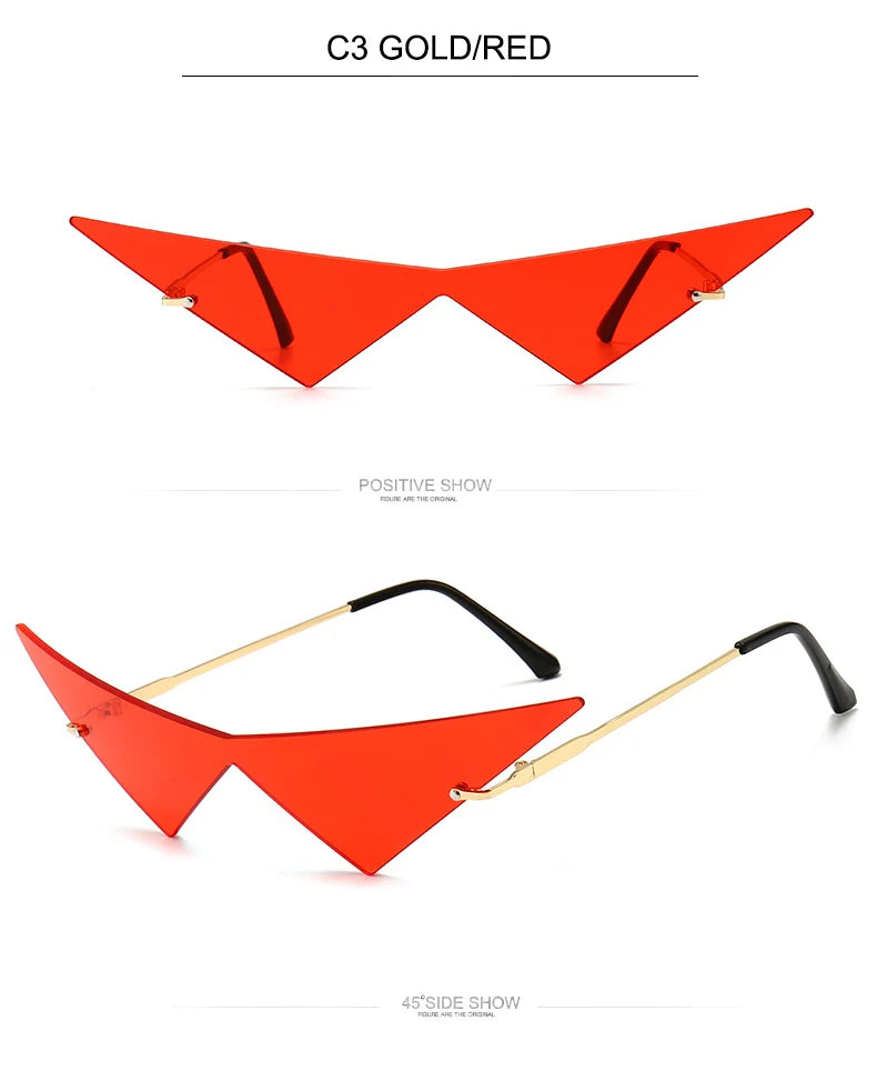 OEC CPO Oversized Cat eye Rimless Sunglasses Women Fashion One Piece Lens Sun Glasses Female Trend Triangle Eyewear Men UV400