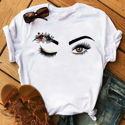 Maycaur Fashion Graphic Women Tops Eyelashes Print Kawaii Lashes Women T Shirt Tee Funny Makeup Aesthetic Shirt Camisas Mujer