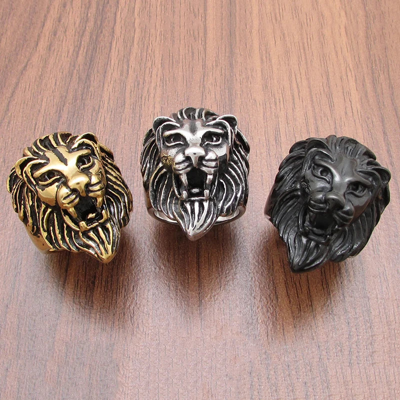 Punk 316L Stainless Steel Silver Color Gold Black Plated King Lion Head Ring Jewelry