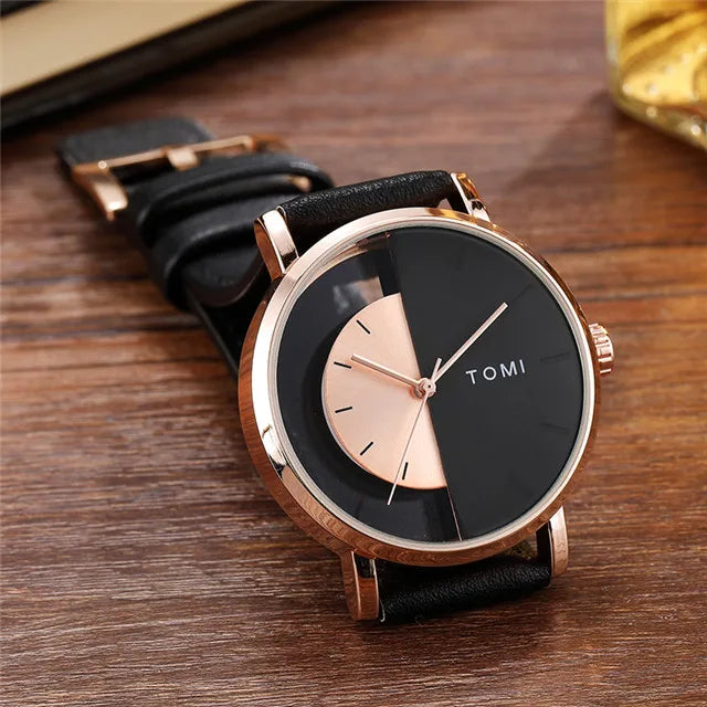 Unique Creative Half Transparent Unisex Watch clock For Men Women Couple Geek Stylish Leather Wrist watches Fashion Quartz watch