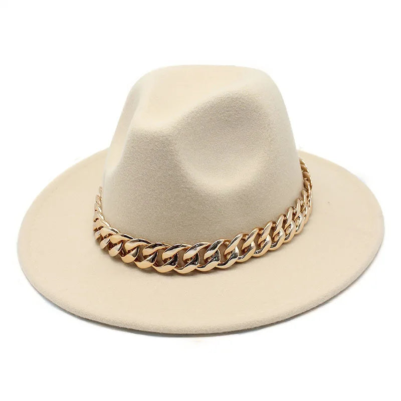 Jazz hat autumn and winter British style big chain women's fedora hat men's retro top hat woolen gentleman hat big brim hat