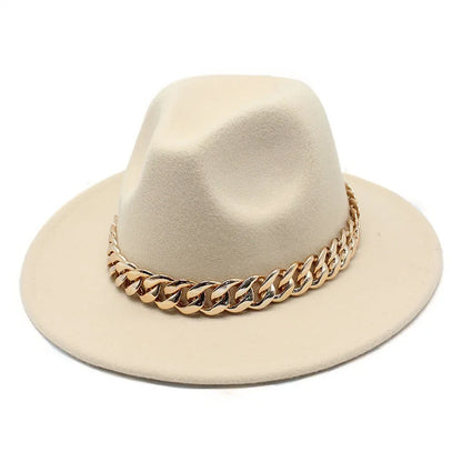 Jazz hat autumn and winter British style big chain women's fedora hat men's retro top hat woolen gentleman hat big brim hat